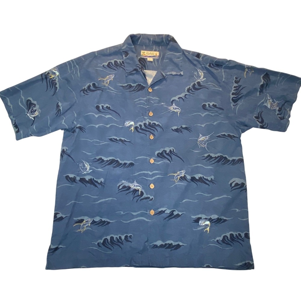 Kahala Hawaiian Shirt Mens XL Blue Silk Marlin Fish Aloha Camp‎ Shirt USA